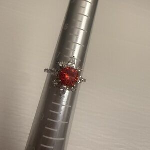 Bomb Party Size 7.5 Red Stone Halo Silver Tone Ring